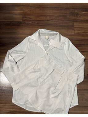 Classic White Silk Blouse Button Down Short Set